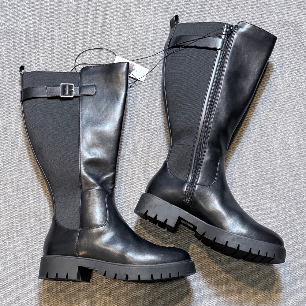 Lane Bryant Womens Black Faux Leather Wide Calf Lug Sole Knee High Boots Buckle